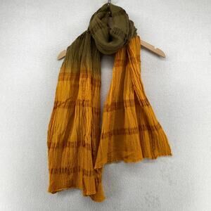 EILEEN FISHER Scarf Wool Crinkle Gauze Ombre Check Wrap Green Orange 18" x 80"